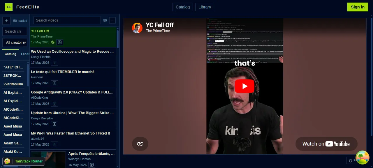 FeedElity three-column interface with a video opened in the viewer